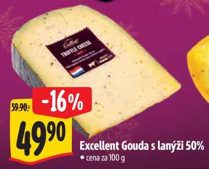 Excellent Gouda s lanýži 50%, cena za 100 g 