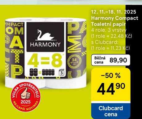 Harmony Compact Toaletní papír, 4 role. 3 vrstvy 
