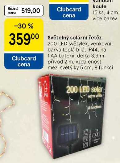 Světelný solární řetěz, 200 LED světýlek, venkovní. barva teplá bílá, IP44. na 1 AA baterii, délka 3.9 m. přívod 2 m, vzdálenost mezi světýlky 5 cm, 8 funkcí