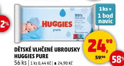 DĚTSKÉ VLHČENÉ UBROUSKY HUGGIES PURE, 56 ks