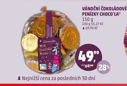 VÁNOČNÍ ČOKOLÁDOVÉ PENÍZKY CHOCO'LA, 150 g