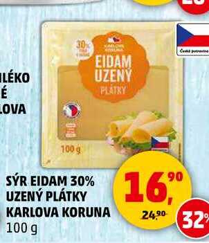 SÝR EIDAM 30% UZENÝ PLÁTKY KARLOVA KORUNA, 100 g