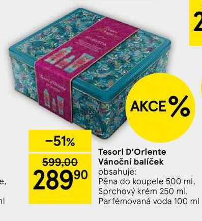 Tesori D'Oriente Vánoční balíček obsahuje: Pěna do koupele 500 ml. Sprchový krém 250 ml. Parfémovaná voda 100 ml