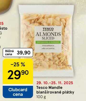 Tesco Mandle blanšírované plátky, 100 g