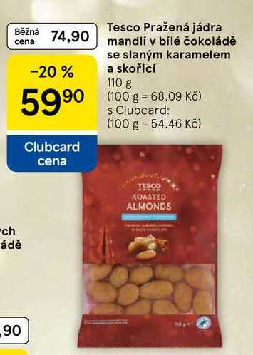 Tesco Pražená jádra mandlí v bílé čokoládě se slaným karamelem a skořicí, 110 g