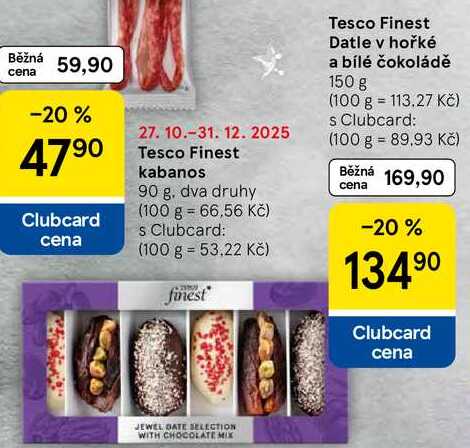 Tesco Finest Datle v hořké a bílé čokoládě, 150 g