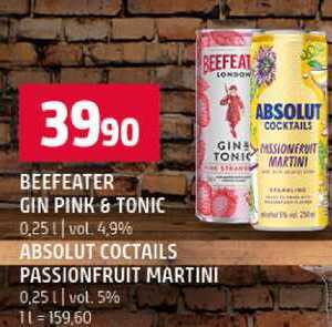 BEEFEATER GIN PINK & TONIC, ABSOLUT COCTAILS PASSIONFRUIT MARTINI 0,25 l