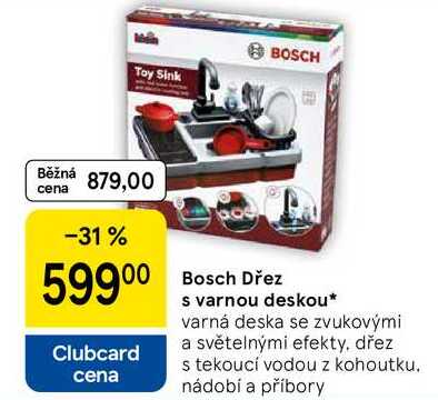 Bosch Dřez s varnou deskou, varná deska se zvukovými a světelnými efekty, dřez s tekoucí vodou z kohoutku. nádobí a příbory 