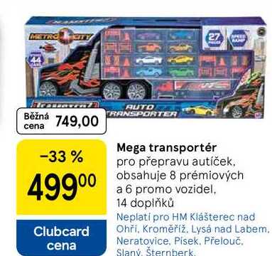 Mega transportér pro přepravu autíček, obsahuje 8 prémiových a 6 promo vozidel, 14 doplňků 