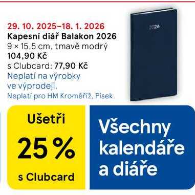 Kapesní diář Balakon 2026, 9 x 15,5 cm, tmavě modrý