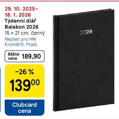 Týdenní diář Balakon 2026, 15 x 21 cm, černý