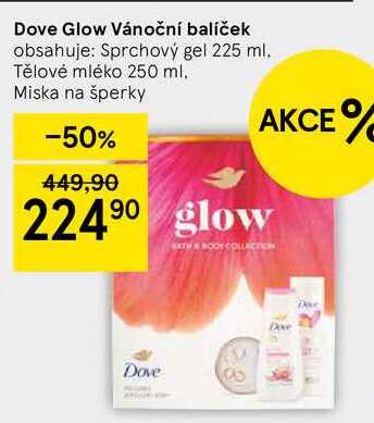 Dove Glow Vánoční balíček obsahuje: Sprchový gel 225 ml. Tělové mléko 250 ml. Miska na šperky 