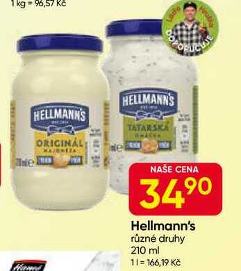 Hellmann's majonéza, tatarská omáčka 210ml, vybrané druhy