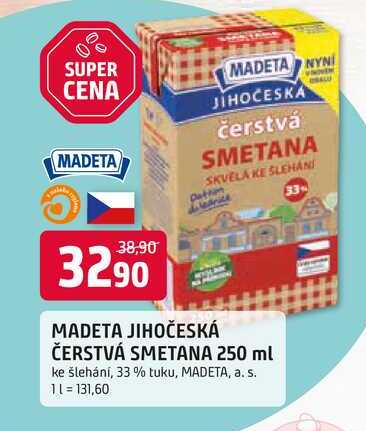 MADETA JIHOČESKÁ ČERSTVÁ SMETANA 250 ml ke šlehání, 33% tuku