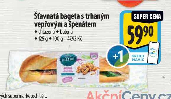 Šťavnatá bageta s trhaným vepřovým a špenátem  125 g