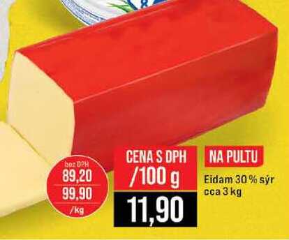 Eidam 30% sýr cca 3 kg 100g
