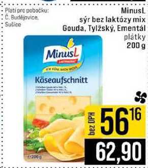 Minusl sýr bez laktózy mix Gouda, Tylžský, Ementál plátky 200 g 