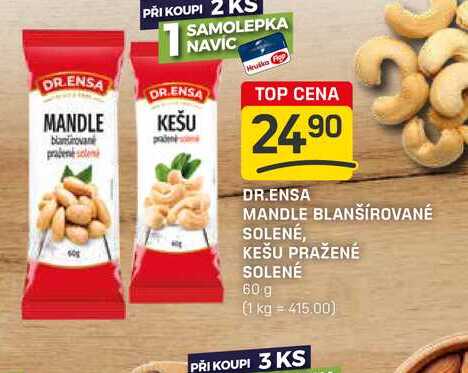 DR.ENSA MANDLE BLANŠÍROVANÉ SOLENÉ, KEŠU PRAŽENÉ SOLENÉ 60 g 