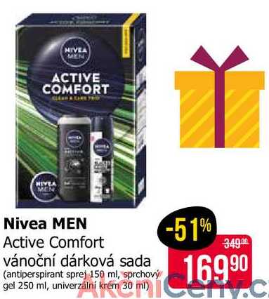 Nivea MEN Active Comfort vánoční dárková sada (antiperspirant sprej 150 ml, sprchový gel 250 ml, univerzální krém 30 ml)