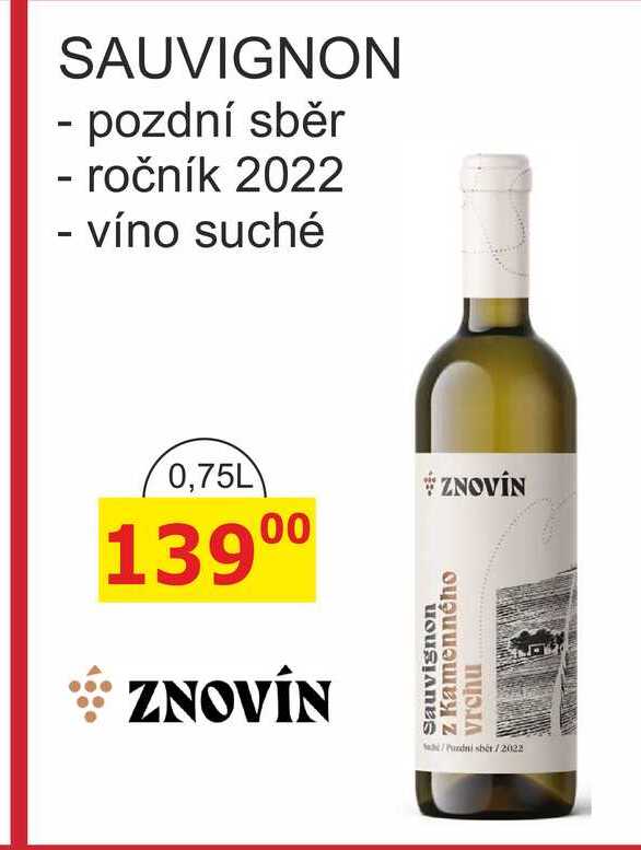 ZNOVÍN ZNOJMO SAUVIGNON ročník 2022 - víno suché 0,75L