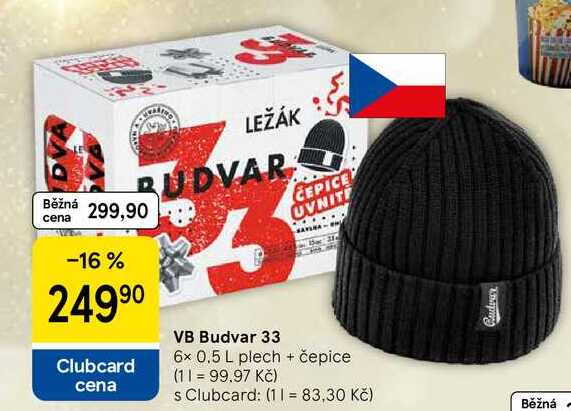 VB Budvar 33, 6x 0.5 L plech + čepice  