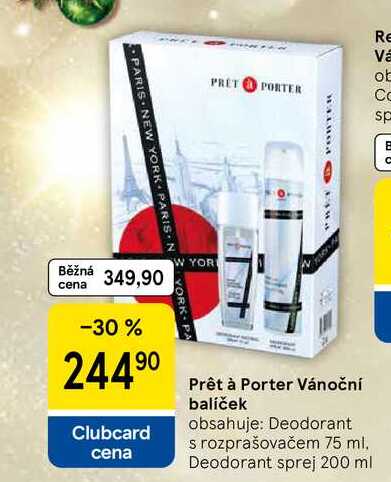 Prêt à Porter Vánoční balíček obsahuje: Deodorant s rozprašovačem 75 ml, Deodorant sprej 200 ml 
