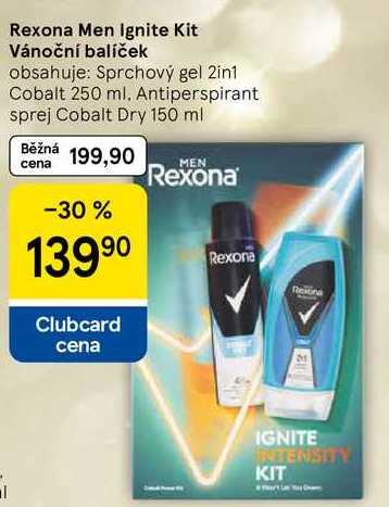 Rexona Men Ignite Kit Vánoční balíček obsahuje: Sprchový gel 2in1 Cobalt 250 ml, Antiperspirant sprej Cobalt Dry 150 ml  