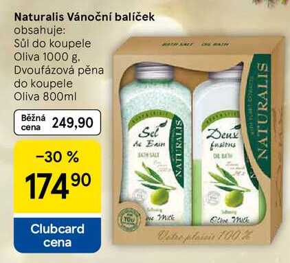 Naturalis Vánoční balíček obsahuje: Sůl do koupele Oliva 1000 g. Dvoufázová pěna do koupele Oliva 800ml  