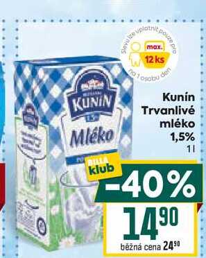 Kunín Trvanlivé Mléko mléko 1,5% 1l