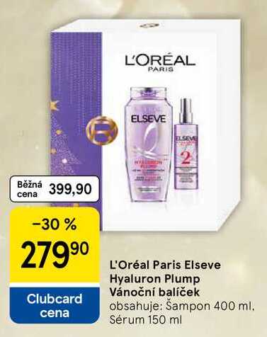 L'Oréal Paris Elseve Hyaluron Plump Vánoční balíček, obsahuje: Šampon 400 ml. Sérum 150 ml 
