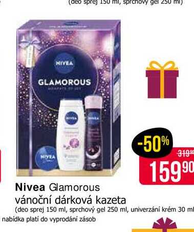 Nivea Glamorous vánoční dárková kazeta (deo sprej 150 ml, sprchový gel 250 ml, univerzání krém 30 ml )