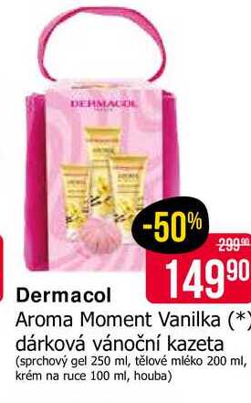 Dermacol Aroma Moment Vanilka dárková vánoční kazeta (sprchový gel 250 ml, tělové mléko 200 ml, krém na ruce 100 ml, houba) 