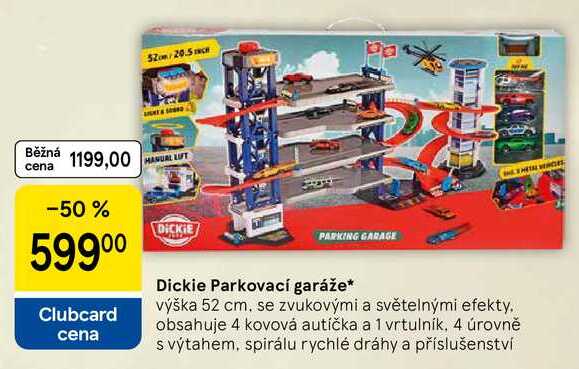 Dickie Parkovací garáže, výška 52 cm. se zvukovými a světelnými efekty. obsahuje 4 kovová autíčka a 1 vrtulník, 4 úrovně s výtahem, spirálu rychlé dráhy a příslušenství