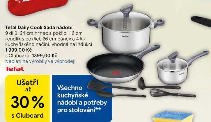 Tefal Daily Cook Sada nádobí, 9 dílů, 24 cm hrnec s poklicí. 16 cm rendlík s poklicí, 26 cm pánev a 4 ks kuchyňského náčiní, vhodná na indukci