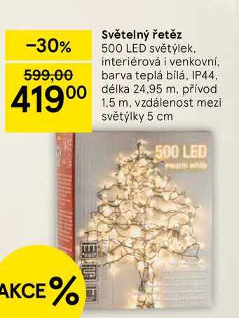 Světelný řetěz, 500 LED světýlek. interiérová i venkovní. barva teplá bílá. IP44. délka 24,95 m. přívod 1,5 m. vzdálenost mezi světýlky 5 cm 