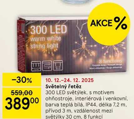 Světelný řetěz 8 functions 300 LED světýlek. s motivem ohňostroje, interiérová i venkovní, barva teplá bílá. IP44, délka 7.2 m. přívod 3 m. vzdálenost mezi světýlky 30 cm, 8 funkci