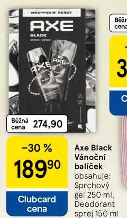 Axe Black Vánoční baliček, obsahuje: Sprchový Clubcard gel 250 ml, Deodorant cena sprej 150 ml