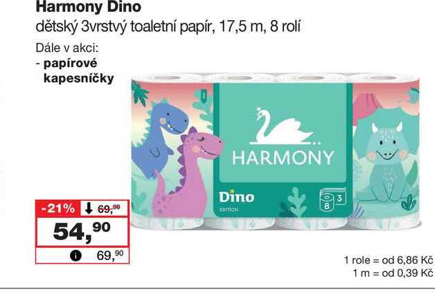 Harmony Dino dětský 3vrstvý toaletní papír, 17,5 m, 8 rolí