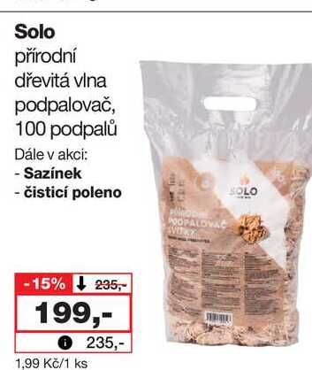 Solo přírodní dřevitá vlna podpalovač, 100 podpalů 