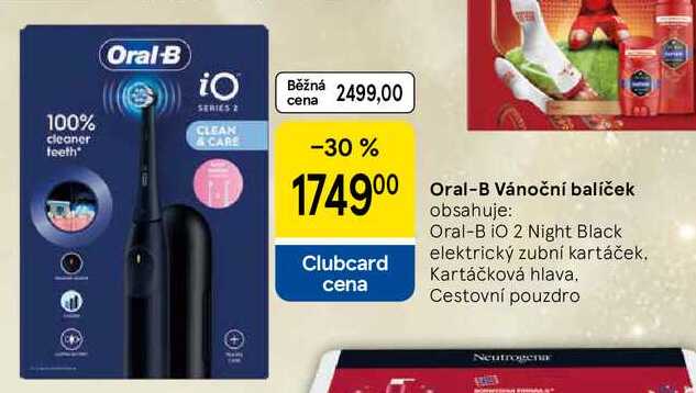 Oral-B Vánoční balíček obsahuje: Oral-B IO 2 Night Black elektrický zubní kartáček. Kartáčková hlava. Cestovní pouzdro