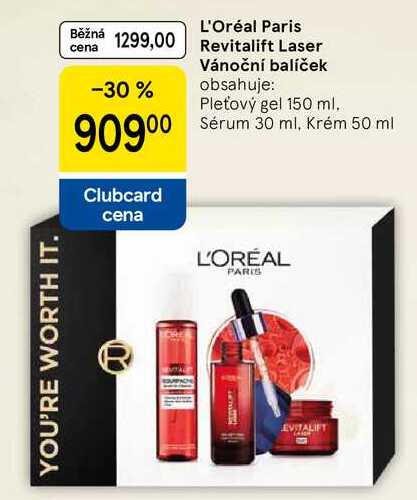 L'Oréal Paris Revitalift Laser Vánoční balíček obsahuje: Pleťový gel 150 ml. Sérum 30 ml, Krém 50 ml