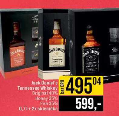 Jack Daniel's Tennessee Whiskey Original 40% Honey 35% Fire 35% 0,7l+2x sklenička