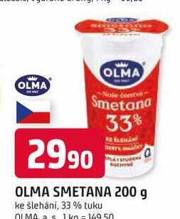 OLMA SMETANA 200 g ke šlehání, 33% tuku 