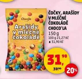 ČOČKY, ARAŠÍDY V MLÉČNÉ ČOKOLÁDĚ CHOCO'LA, 150 g