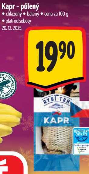 Kapr - půlený, cena za 100 g 