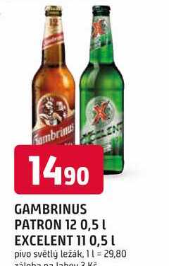 Gambrinus Excelent 11°, světlý ležák 0.5l sklo