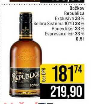 Božkov Republica Exclusive 38% Solera Sistema 10YO 38% Honey liker 33% Espresso elixir 33% 0,5l