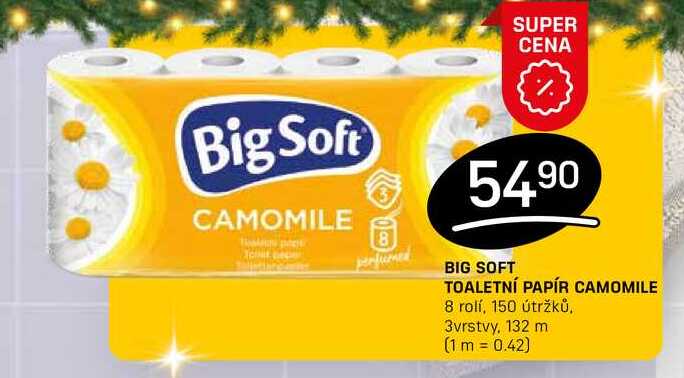 BIG SOFT TOALETNÍ PAPÍR CAMOMILE 8 rolí, 150 útržků. 3vrstvy, 132 m
