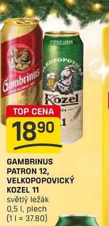 GAMBRINUS PATRON 12, VELKOPOPOVICKÝ KOZEL 11 světlý ležák 0,5l, plech 