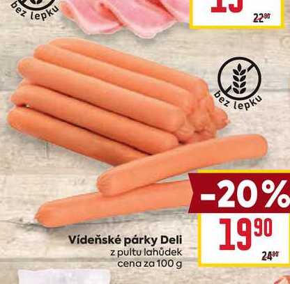 Vídeňské párky Deli z pultu lahůdek cena za 100g
